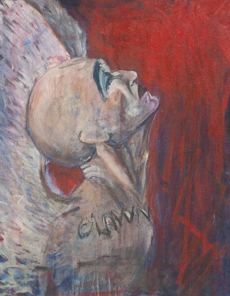 Tala Madani, Bald Figure with Angel Wings and Clown Makeup, 1999