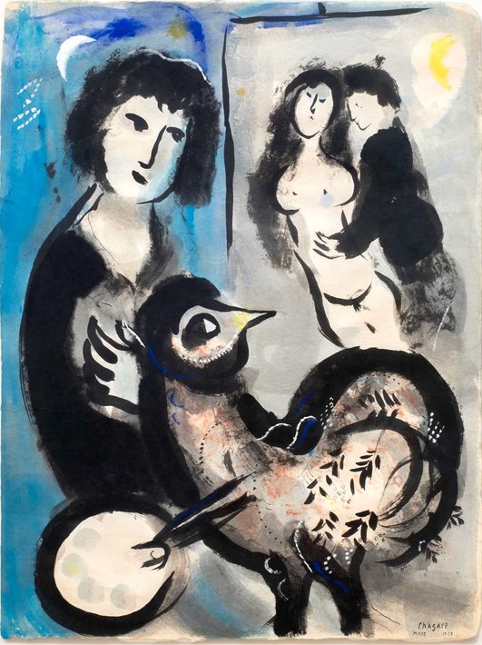 Marc Chagall, Le peintre au coq ou Coq rose, 1959