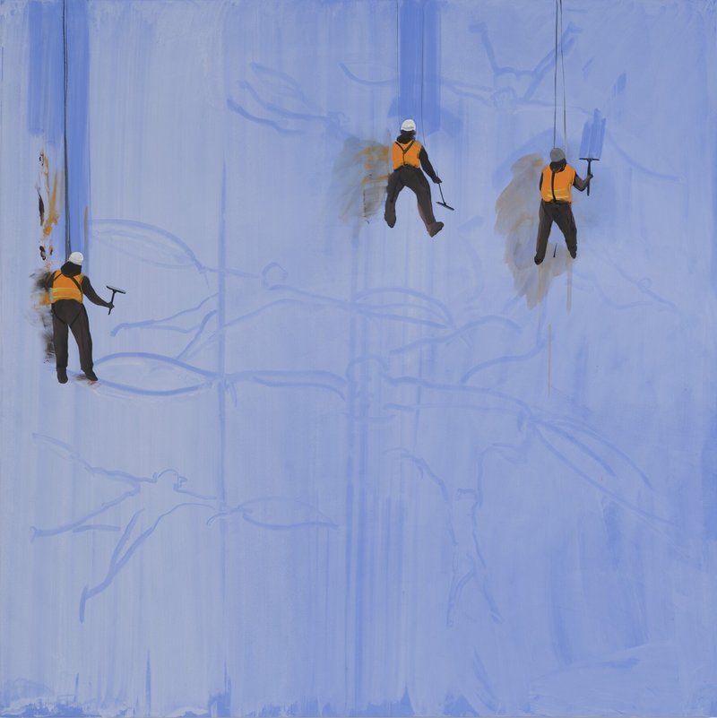 Tala Madani, Squeegee Men (feather flight), 2024