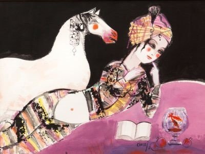 Nasser Ovissi, Girl Reading with Bowl of Fishes