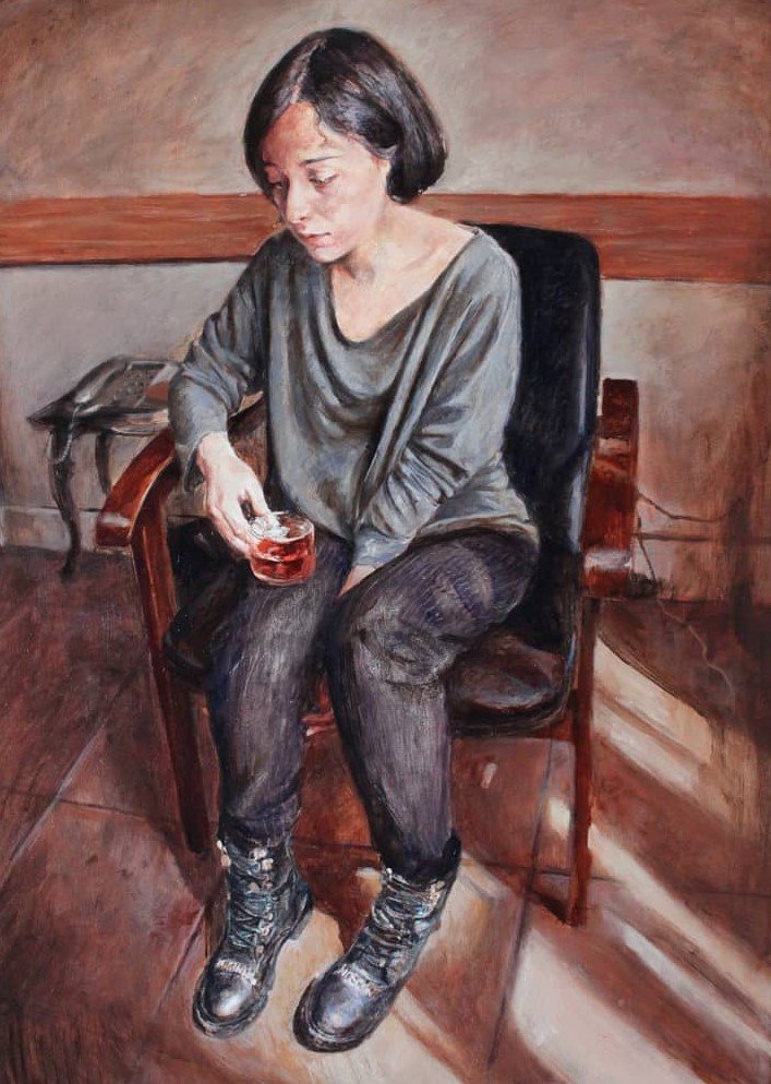 Farsam Sangini, A Girl with a Piece of Cake in Mouth and a Cup of Tea in Her Hand, 2020