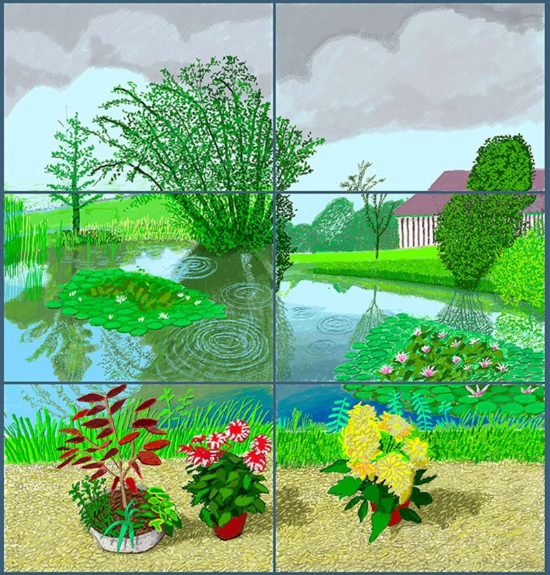 David Hockney, Water Lilies in the Pond with Pots of Flowers , 2021