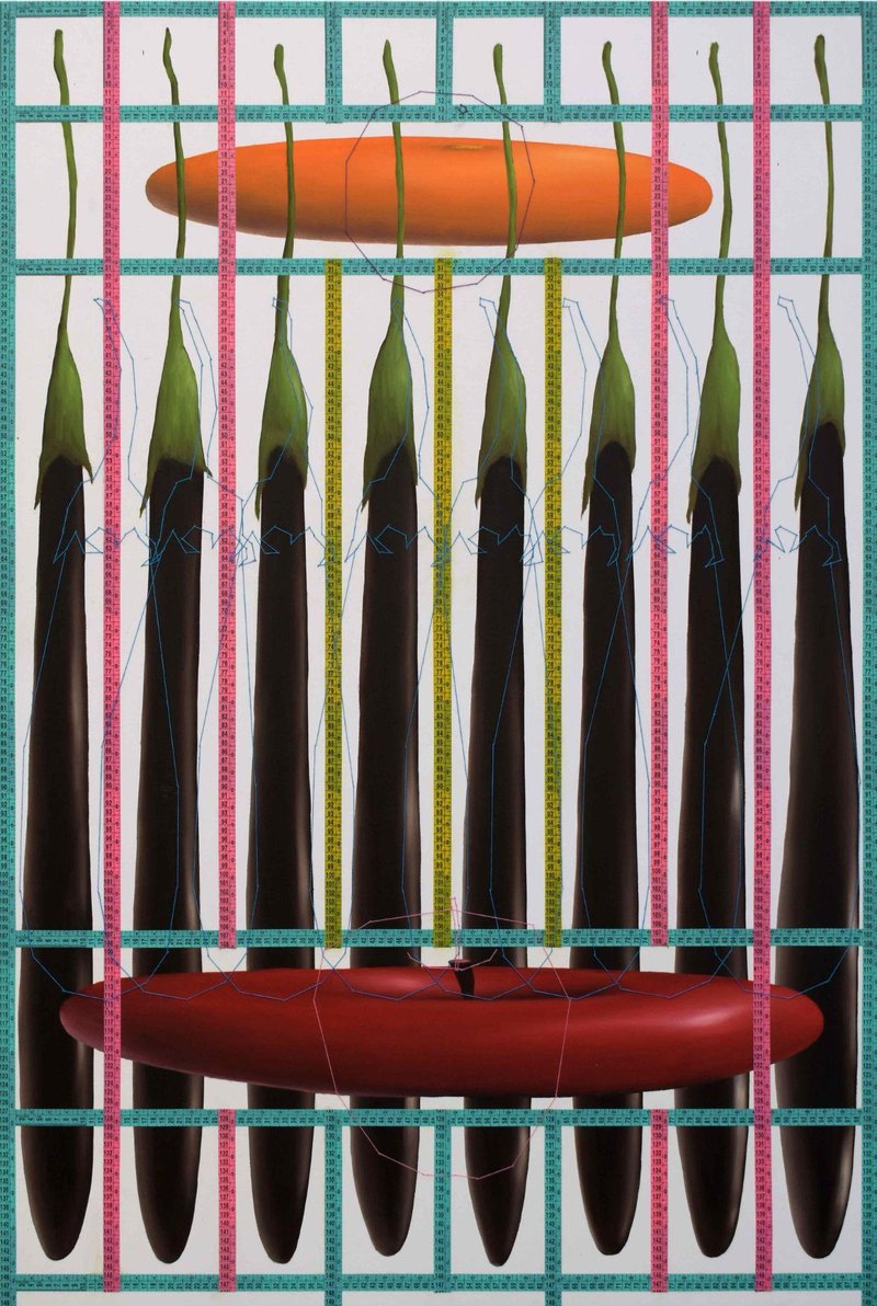 Ali Alemzadeh Ansari, Schematic of Parallel worlds with an Orange and an Apple and some Eggplants, 2021