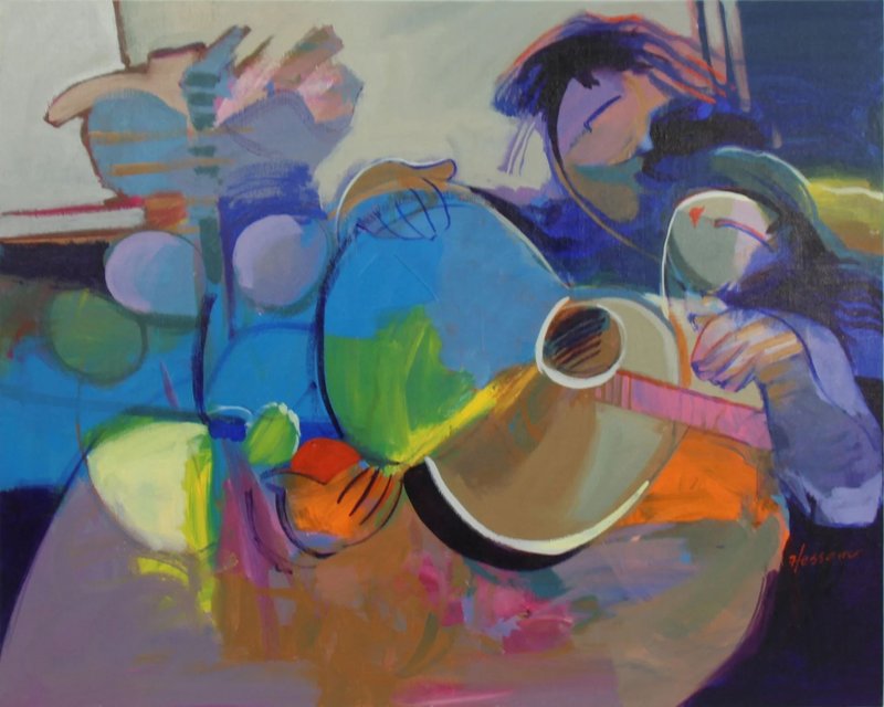 Hessam Abrishami, Figures with Guitar in Interior