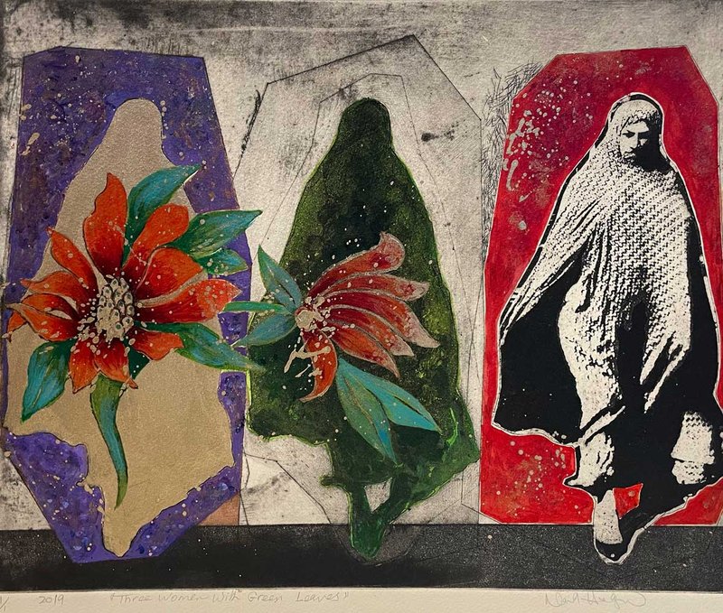 Nahid Haghighat, Three Women with Green Leaves, 2019