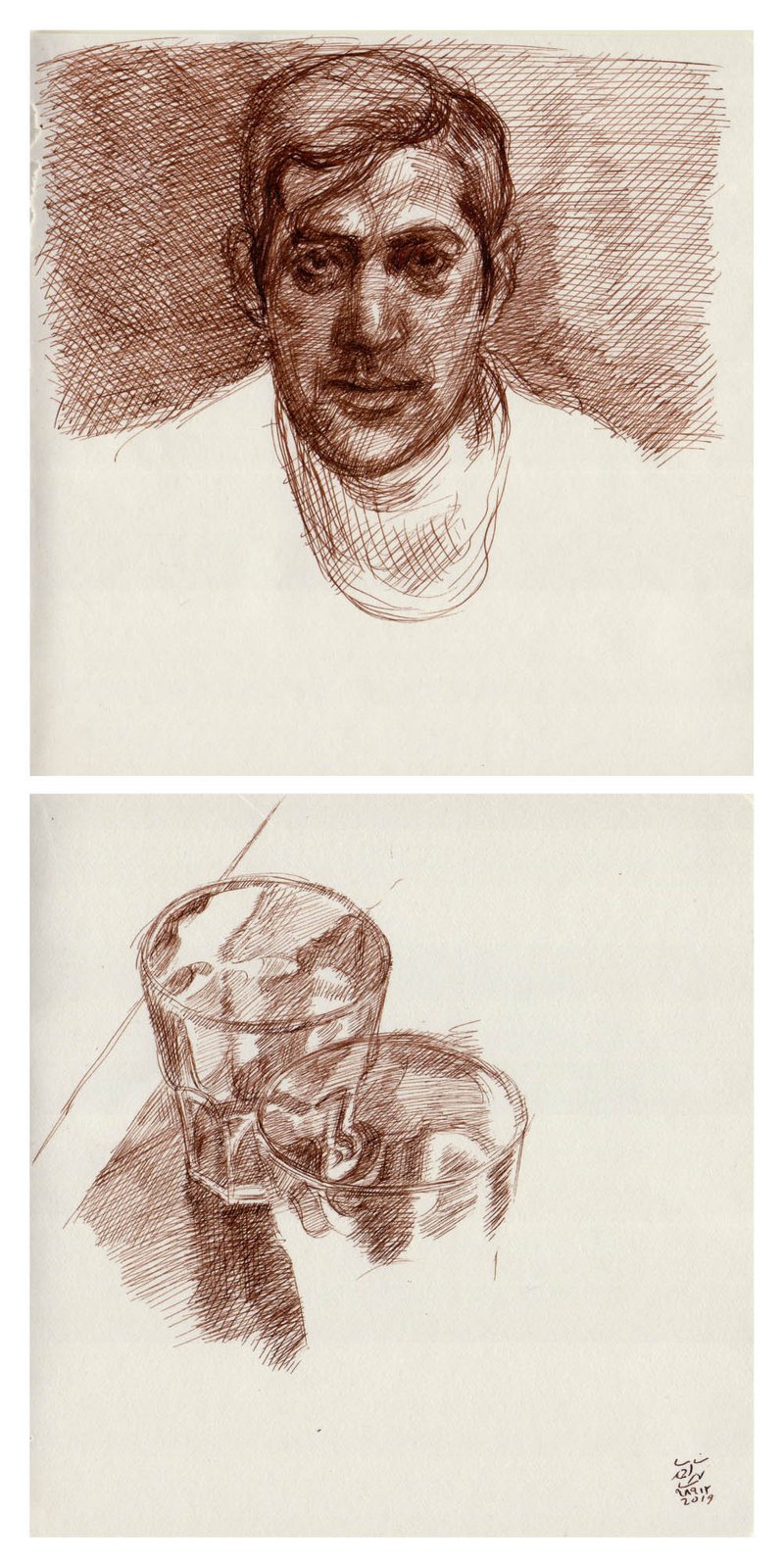 Hosein Shirahmadi, Self Portrait and two Glasses, 2019