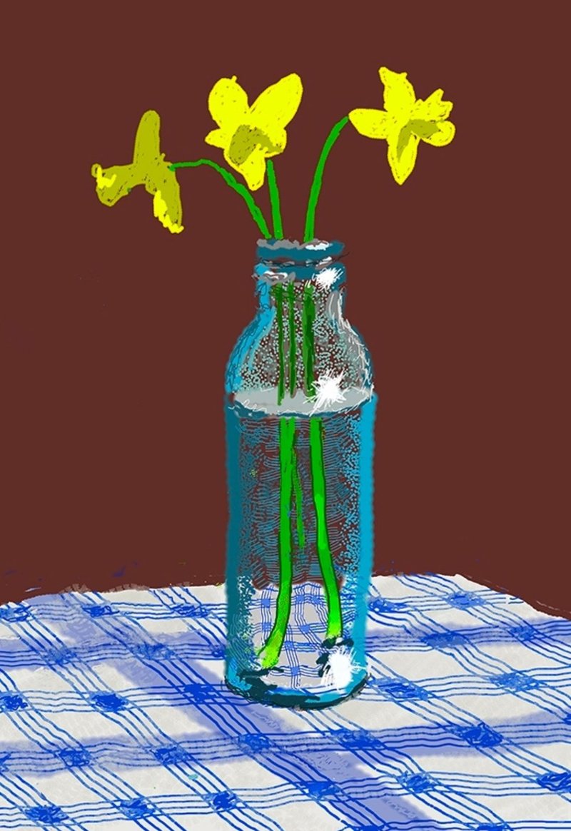 David Hockney, 7th April 2021, Three Daffodils in a Bottle, 2021