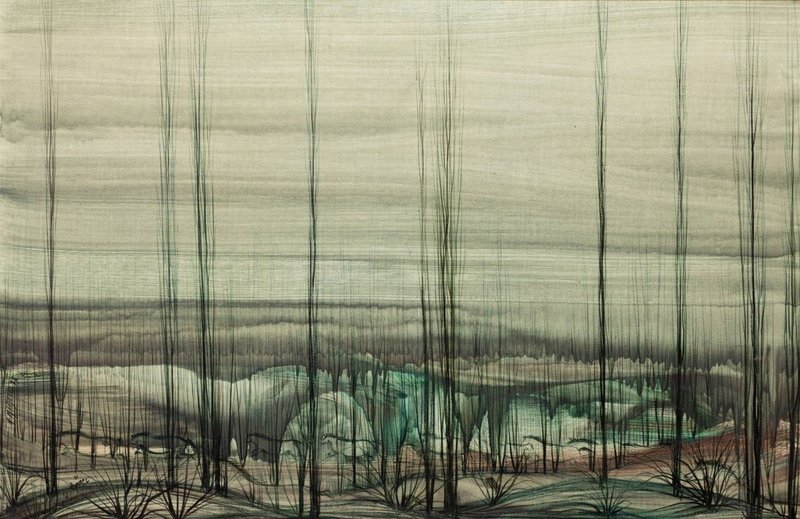 Hossein Mahjoubi, Dreamlike Landscape with Horses, 1972
